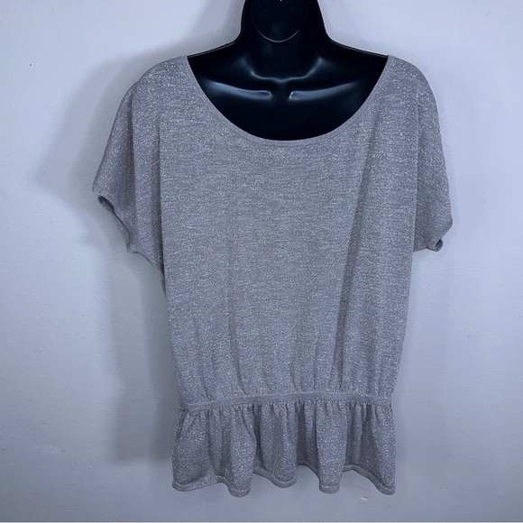 LARGE EXPRESS BEIGE GLITTER KNIT TOP SHORT SLEEVE PEPLUM STRETCH NEUTRAL - Picture 4 of 10